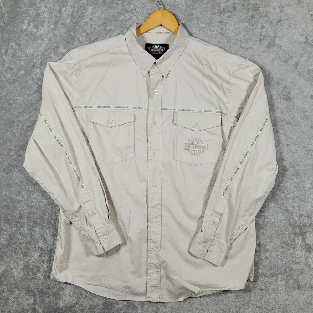 Harley-Davidson Button Up Shirt Mens XL Beige Logo Tape Snap Collar 99081-12VM